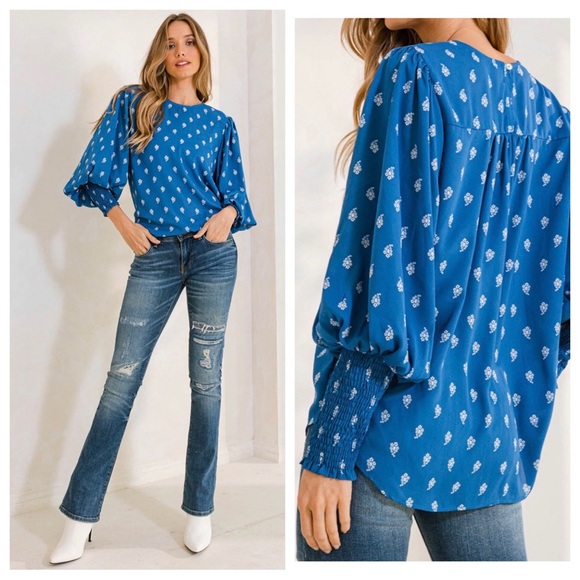 19 Boho Print Lantern Sleeve Blouse Top - Picture 6 of 6